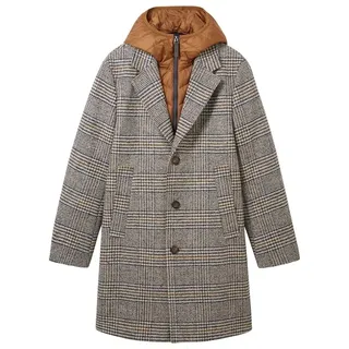 TOM TAILOR Herren 2-in-1 Karo Wollmantel mit abnehmbarer Innenjacke, beige brown wool check, L