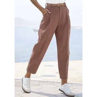 Bundfaltenhose LASCANA "mit schmalem Gürtel in Barrel Form", Damen, Gr. 34, N-Gr, nougat, Web, Obermaterial: 76% Polyester, 20% Viskose, 4% Elasthan, unifarben, figurumspielend knöchelfrei, Hosen Bundfaltenhose, mit Gürtel, in modischer Barrel-Form, Businesshose, bequem, Topseller