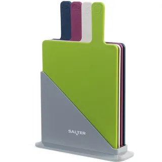 SALTER BW04768 Farbiger Schneidebrett 4er-Set, Rutschfeste, farbcodierte Paddel Schneidebretter inklusive Ständer,spülmaschinenfest für Frucht, fleisch, Fisch, Vermeidung von Cross-Contanimation