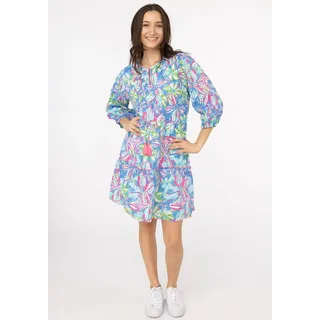 Sommerkleid ZWILLINGSHERZ "Blumentraum", Damen, Gr. M, N-Gr, bunt (multi), Web, Obermaterial: 100% Baumwolle, gemustert, figurumspielend kniefrei, V-Ausschnitt, elastischer Bund mit Gummizug, Kleider Sommerkleid, mit floralem Muster, zum Binden mit Tasseln, kontrastfarbige Details