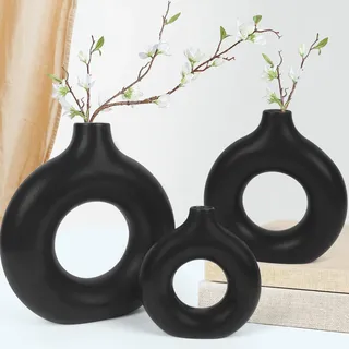 Donut vase für pampasgras, Small Vase Schwarz Keramik Vasen, Matt Ring Vase für Nordic Modern Deko, Schwarz Boho Rund Vase Passend für Esstisch Couchtisch Schmücken Büro Haus