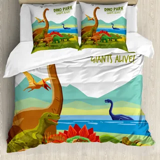ABAKUHAUS Dinosaurier Bettbezug, Dino Park lebendig Theme, Milbensicher Allergiker geeignet mit Kissenbezügen, 155 cm x 220 cm - 80 x 80 cm, Mehrfarbig
