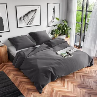 Wolkenfeld Renforcé Baumwolle Uni Grau 135 x 200 cm + 2 x 80 x 80 cm