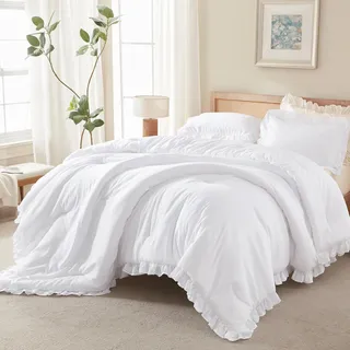 Andency Weißes Rüschen-Bettwäsche-Set für King-Size-Betten (251 x 228 cm), 3-teilig (1 x Rüschen-Decke und 2 Kissenbezüge), Landhaus-Stil, rustikal, weiche Mikrofaser-Daunen-Alternativ-Bettwäsche-Set