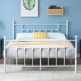 VECELO Metallbett 140 x 200 cm Minimalistischer Bettrahmen mit Kopfteil und Lattenrost, Modern Gästebett Jugendbett, Einfacher Aufbau für Schlafzimmer Gästezimmer, Weiß