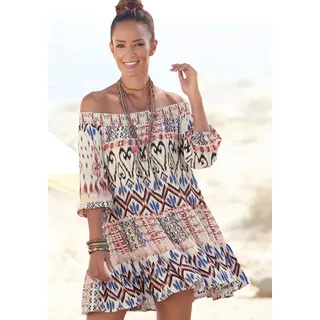 Buffalo Druckkleid mit Ethnoprint und Carmenausschnitt, Tunikakleid, Sommerkleid, beige