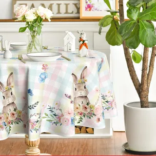 Artoid Mode BüffelKaro Hase Blumen Blätter Ostern Tischdecke Rund 140 cm, Saisonnal Frühling Fleckschutz Tischwäsche Küche Dekoration Party Dekor