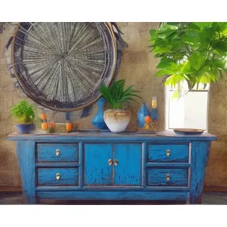 OPIUM OUTLET Chinesisches Lowboard Sideboard Schrank Kommode Büffet blau asiatisch orientalisch Shabby Chic Vintage Holz