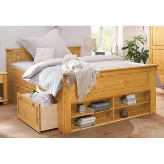 otto home home »Tessin, Stauraumbett, Landhausstil, Schubladen optional, rustikal«, Breite/Belastbarkeit 180cm/220 KG, 140cm/180 KG, zertifizierte Kiefer, Kassetten-Optik, stabile Qualität, beige