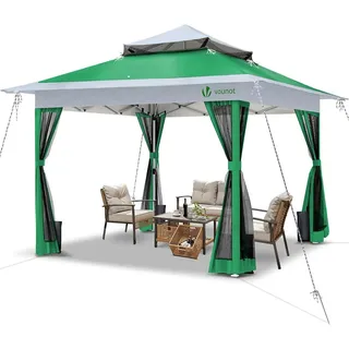 VOUNOT Pavillon Faltbar 3.6x3.6m, UV Schutz 50+ & Wasserdicht & Stabil, Pop Up Faltpavillon mit 4 Seitenteilen/Moskitonetz, Gartenzelt Partyzelt Gartenpavillon mit 4 Gewichte, Tasche, Grün