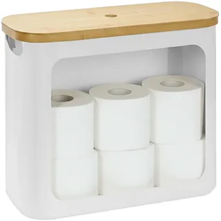 Relaxdays Toilettenpapier Aufbewahrung, 12 Rollen, HxBxT: 36 x 43 x 17 cm, Stoff, Bambus, Klopapier Korb, Vorrat, weiß