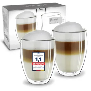 Creano doppelwandige Cappuccinotassen 250ml „DG-Hoch“, 2er Set, großes Thermoglas doppelwandig aus Borosilikatglas, Kaffee, Tee, Latte Gläser, Doppelwandgläser