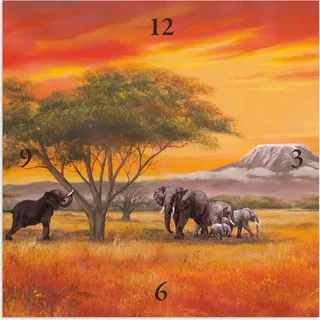 ARTland Wanduhr auf Alu Quarzuhr - schwarzer Zeiger Elefanten Größe: 30x30 cm - Orange