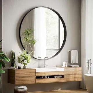 runder Wandspiegel 120 cm, tiefer Metallrahmen, Schwarz | Badspiegel mit gebürstetem Rahmen für Badezimmer, Wohnzimmer und Eingangsbereich, markantes Tiefenprofil - Schwarz