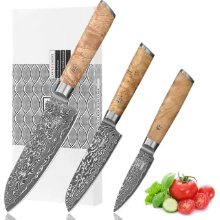 Zayiko Kinone 3er Damastmesser-Set I 8-17 cm Klingen I Wurzelholzgriffe Birke