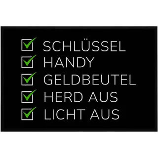 OM3® lustige Fußmatte mit Spruch - Checkliste -> Schlüssel Handy Geldbeutel Herd aus Licht aus - rutschfest & waschbar - 60x40cm -
