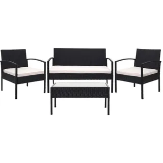 Mendler Poly-Rattan Garnitur HWC-F56, Balkon-/Garten-/Lounge-Set Sitzgruppe - schwarz, Kissen creme