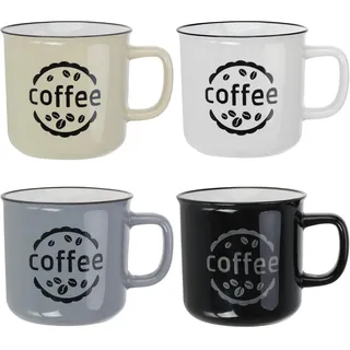 com-four® 4x Kaffeebecher im Vintage-Design - 380 ml Kaffeetasse aus Keramik - Henkeltasse im Emaille-Look für zu Hause, Büro, Garten, Camping (4 Stück - beige/grau/schwarz/weiß)
