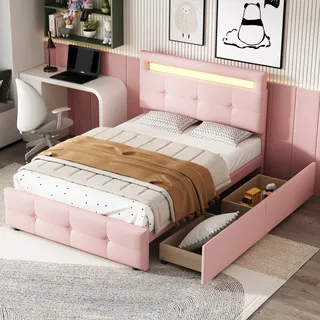 Merax Polsterbett 90x200cm mit LED, Schubladen und höhenverstellbarem Kopfteil, Funktionsbett Einzelbett mit Lattenrost und Leinenbezug in Rosa - Rosa