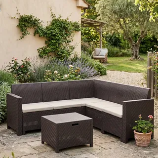 Dmora - Loungeset für draußen Eris, Outdoor-Lounge mit Couchtisch, Terrassenset mit Kissen, Gartenkomposition mit Sofa und Sesseln, Made in Italy, Braun