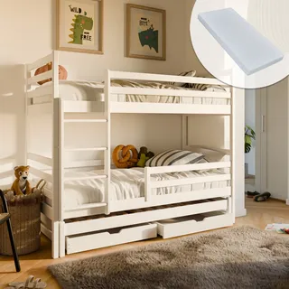 Hochbett 90x200 mit Ausziehbett und drei Matratzen Etagenbett mit Ausziehfunktion, zwei Schubladen, Lattenrost, Rausfallschutz, umbaubar in drei Einzelbetten, Vollholz massiv in weiss - Weiß