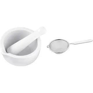 Fackelmann Mörser und Stößel, Gewürzmörser aus Porzellan (Weiß), 1 Stück & Sieb Ø 10 cm, Küchensieb aus Edelstahl, feinmaschiger Seiher mit Griffeinlage aus Kunststoff (Weiß/Silber), 1 Stück