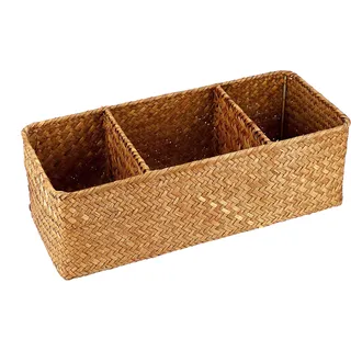IGNPION 3-fach Seegras Aufbewahrungskorb Gewebter Seegras Desktop Korb Regale Regalkörbe Schreibtische Dekorativer Korb für Kleinigkeiten Schreibwaren Spielzeug Kosmetik, Karamell