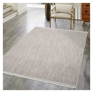 Carpet City Kurzflor Teppich Wohnzimmer Beige - 140x200 cm - Einfarbig, Meliert - Fransen-Teppiche Modern, Boho für Schlafzimmer, Esszimmer