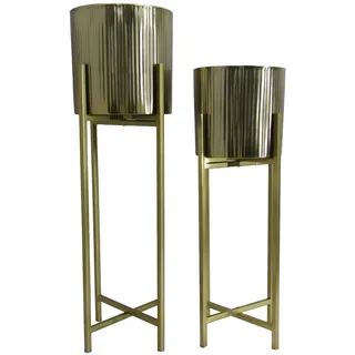 DRW Set mit 2 Pflanzgefäßen aus Metall mit Fuß in Gold, 28 x 28 x 91 und 25 x 25 x 76 cm