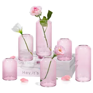 Zen ZENS Knospenvasen 6er Set Rosa Klar Kleine Glasvase für Blumen Moderne mundgeblasene Zylinderglasvase für Hochzeit Empfang Tafelaufsätze Wohnzimmer Deko