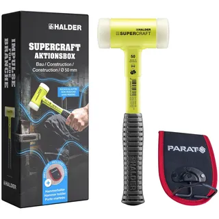 Halder Aktionsbox Bau, SUPERCRAFT-Schonhammer D50 mit bruchsicherem Stahlrohrstiel, gelb-fluoreszierend beschichtet und PARAT Hammerhalter | 3377s001