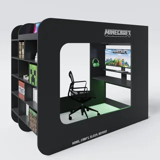 phoenix group AG Minecraft - Kojenbett, Hochbett, Gamingbett 120x90cm, mit Leiter, Schreibtisch und Stauraum, Schwarz Carbon Optik