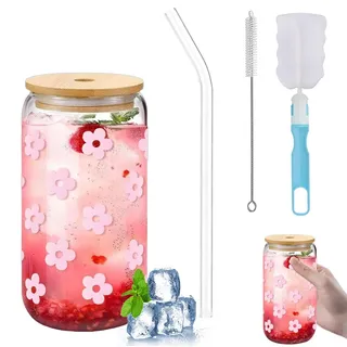 WHZHSTAR Trinkgläser mit Deckel und Strohhalm 16oz, Glasbecher mit Bambusdeckel & Glasstrohhalm, Iced Coffee Smoothie Matcha Latte Glas, Wiederverwendbar & Ästhetisch (Blütenblatt-Musterset)