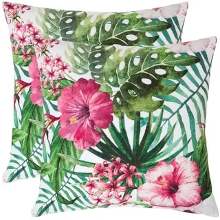 Homescapes Outdoor-Kissen 2er-Set 45/45 cm – Hibiskus-Blüten , Multicolor , Textil , Floral , Quadratisch , 45x45 cm , Gartenmöbel, Gartenpolster & Auflagen, Gartenkissen