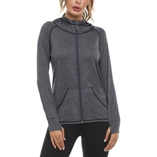 Sykooria Damen Sweatjacke Langarm Trainingsjacke Laufjacke Hoodie Leichte Atmungsaktiv Sportjacke voll Zip Kapuzenjacke mit Daumenloch und Seitentasche Fitness