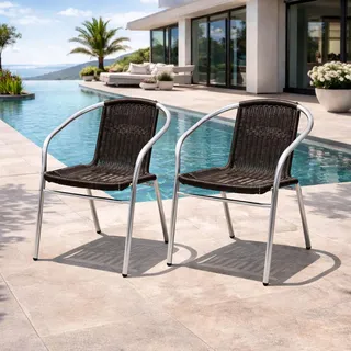 2 Stück Stabiler Aluminium / Polyrattan Bistrostuhl stapelbar - Silber, Schwarz