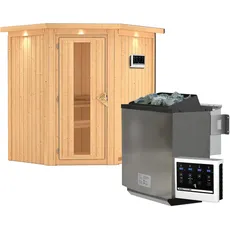 Bild von Sauna Taurin Eckeinstieg, Ofen 9 kW Bio-Kombiofen inkl. Steuergerät-Inkl. Dachkranz-Energiesparende Saunatür mit Glaseinsatz