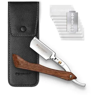 Störtebekker® Premium Rasiermesser mit Holzgriff im handgefertigten Lederetui (Schwarz) inkl. Alaunstift & Rasurguide [+ 10 Klingen] - Geschenkidee - Rasiermesser Set - Nassrasierer Set - Rasierset