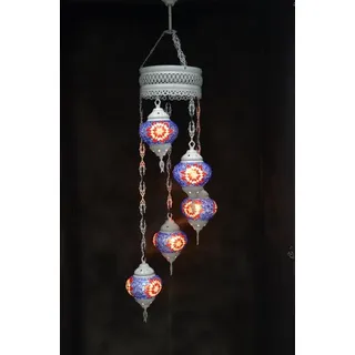 Hanglampe aus buntem Pastellglas mit 5 Mosaik-Kugeln im marokkanischen Stil, ca. 120 cm lang - Bunt