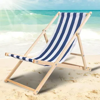 TolleTour Liegestuhl Gartenstuhl Klappstuhl Kieferholz Holz Klappbar Relax Stoff Deck Blau weiß - Blau