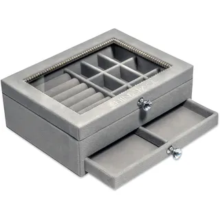 SHINE SPACE Schmuckkästchen mit Glasdeckel – Schmuckbox mit Schublade & Fächern – Schmuckaufbewahrung für Ringe, Ketten, Ohrringe, Armbänder – Schmuckkasten Samt Grau mit Griffen (Grau)