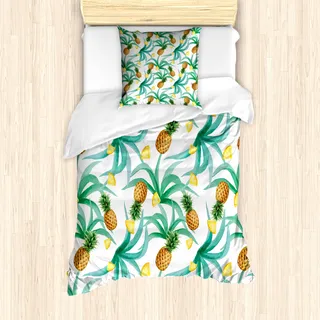 ABAKUHAUS Hawaii Mantele, Botanik Inspired Früchte, Milbensicher Allergiker geeignet mit Kissenbezügen, 135 cm x 200 cm - 80 x 80 cm, Jade-Grün Marigold - Gold