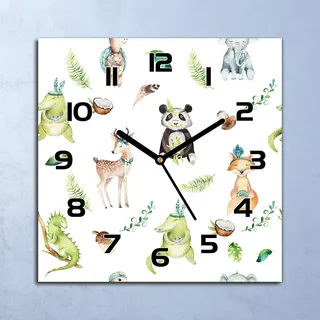Wanduhr Echt-Glas-Küchenuhr Niedliche Tiere Quarz Lautlos 30x30 Deko Bilder - Grün