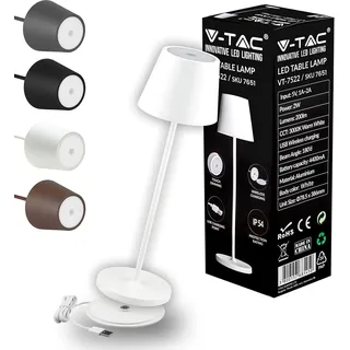 V-TAC Dimmbare LED Tischlampe Kabellos mit Touch-Bedienung - Wiederaufladbar Weiß Lampe für den Innen und Draußen - Außenbereich IP54 - Hause Restaurant - 4400-mAh-Akku - Warmweiß 3000K