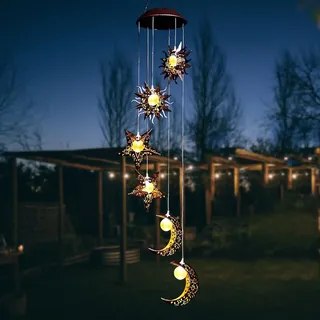ZVO Solar Windspiele mit Sonne Mond Stern, Solar Windspiel für Draußen Solarleuchten Warme LED Wasserdicht Gartenlampe, Hängeleuchte Garten Deko für Außen Balkon Terrasse Party Baum Geschenke