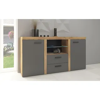 FURNIX Sideboard RIVAY Esszimmer, Wohnzimmer Kommode mit 2 Schubladen und Glasvitrine klassisch, pflegeleicht modern Lefkas Graphit - Braun, Grau