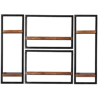 Mid.you Wandregalset , Naturfarben, Schwarz , Holz, Metall , 4-teilig , Mangoholz , massiv , 6 Fächer , 110x75x25 cm , Wohnzimmer, Regale, Wandregale