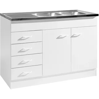 Küchen Spülen Unterschrank Start 120 cm breit 60 cm tief in weiß mit 4 Auszügen und Edelstahl Auflagespüle - Weiß
