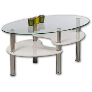 Stella Trading PANTY Couchtisch Glas oval mit zwei Ablagen in Hochglanz weiß - geräumiger Glastisch für Ihren Wohnbereich - 90 x 42 x 55 cm (B/H/T)