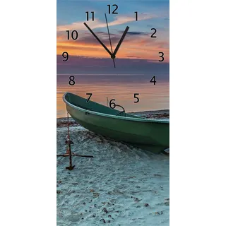 Wallario Design Wanduhr bedruckt, Größe 30 x 60 cm, Motiv: Einsames Fischerboot mit Anker am Strand - Blau